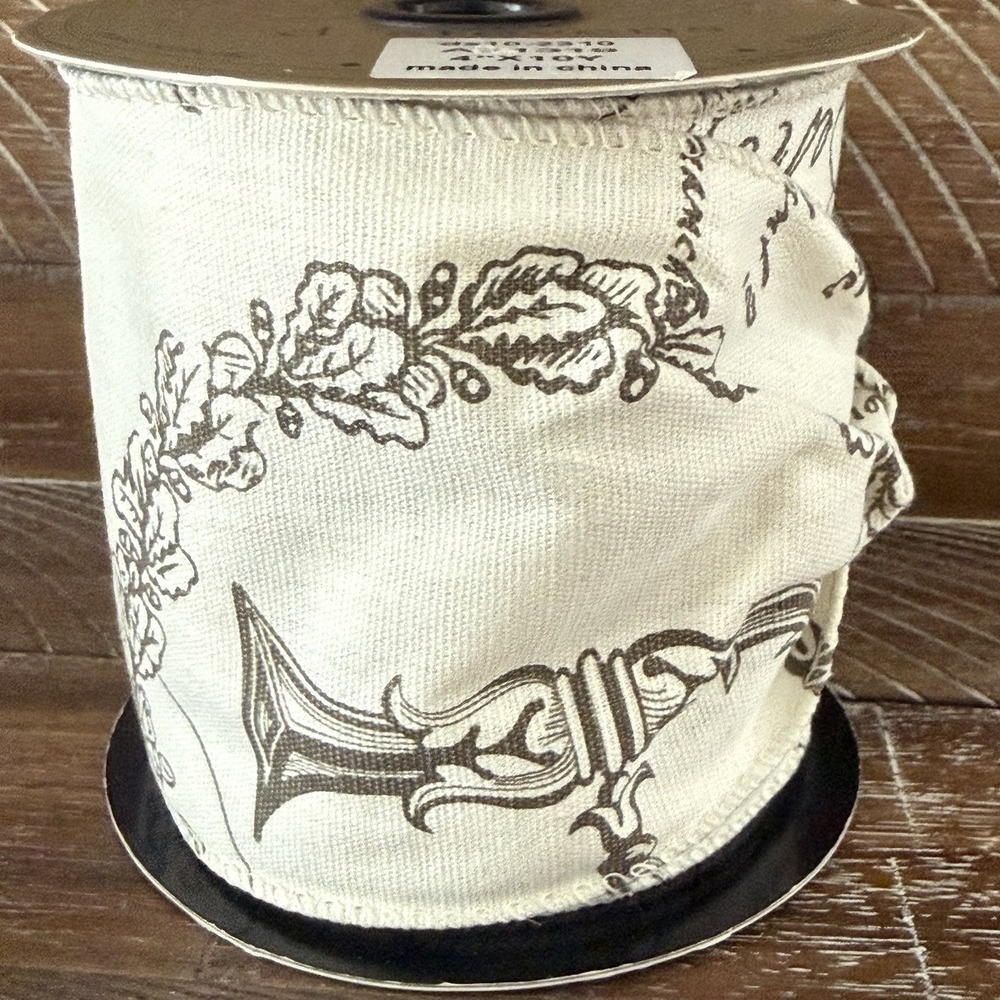 D. Stevens 4" Wired Ribbon Cream Brown Script Floral Christmas French Country - Picture 2 of 10